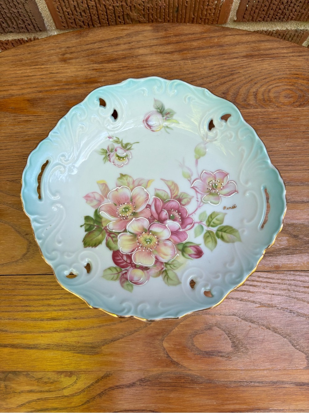 Arnart Creation Original Japan Cutout Plate Signed Renee Numbered Blue Flowers